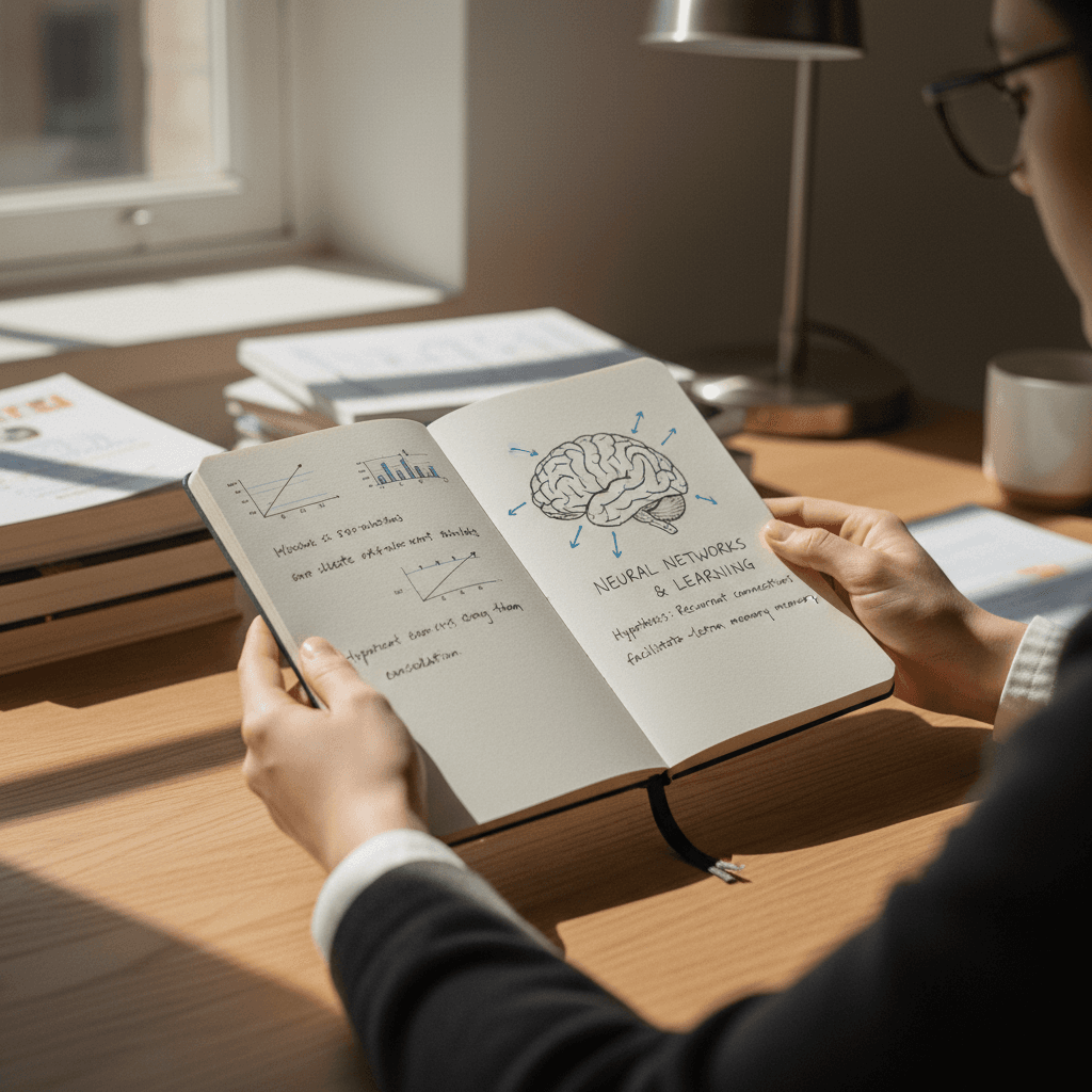 Open notebook with handwritten notes on a desk