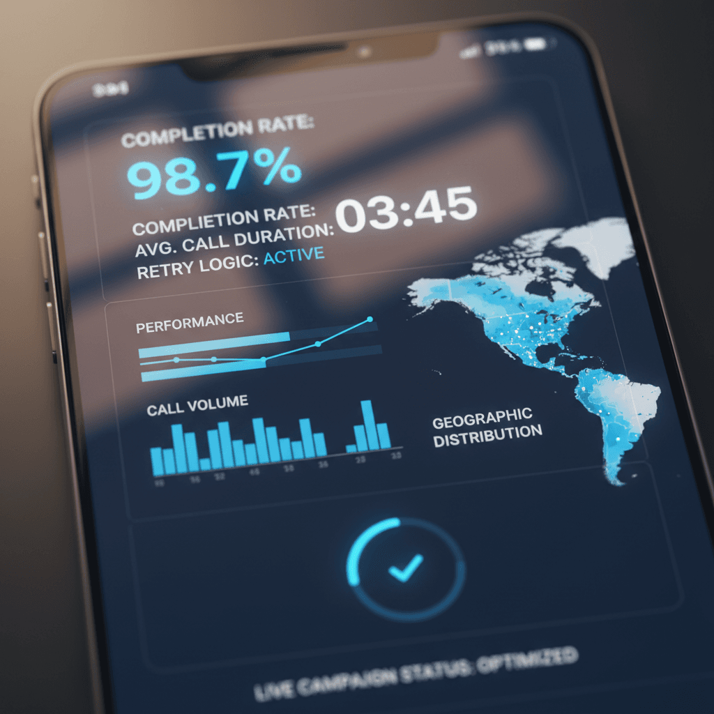 Smartphone screen displaying real-time call analytics with metrics, charts, and campaign performance data