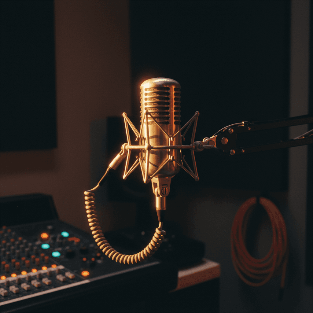 Podcast microphone and notebook on a wooden table