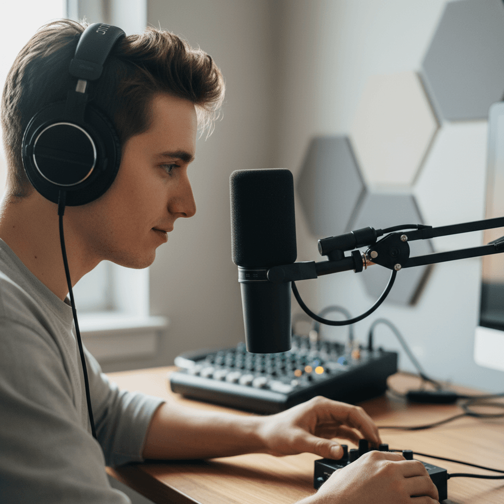 Podcast microphone and headphones on a studio desk