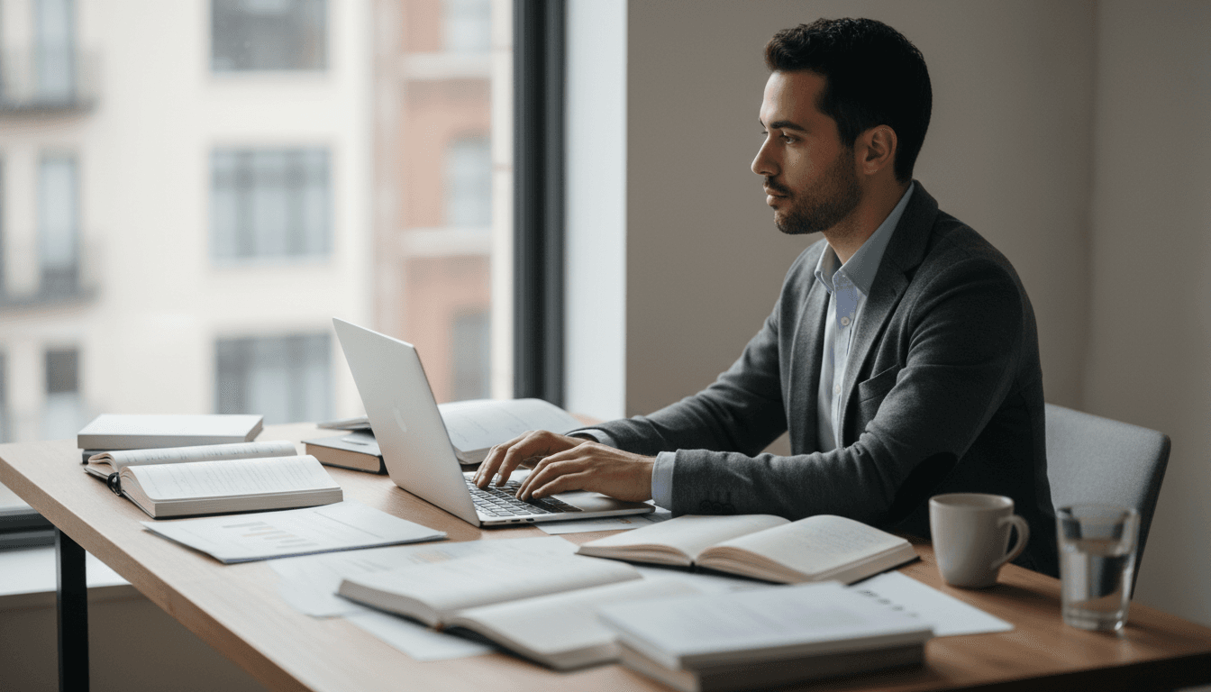 Open notebook and pen on a wooden desk in a calm home office