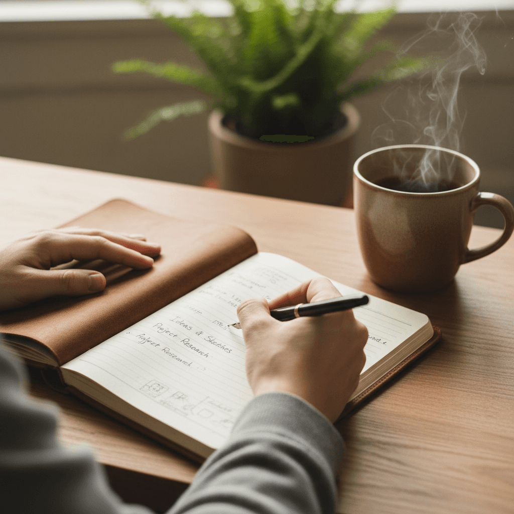 Open notebook with handwritten notes and a pen