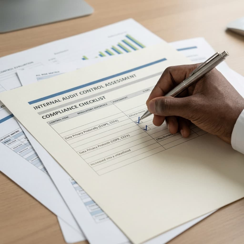 Hand checking boxes on an internal audit control assessment compliance checklist with a silver pen.