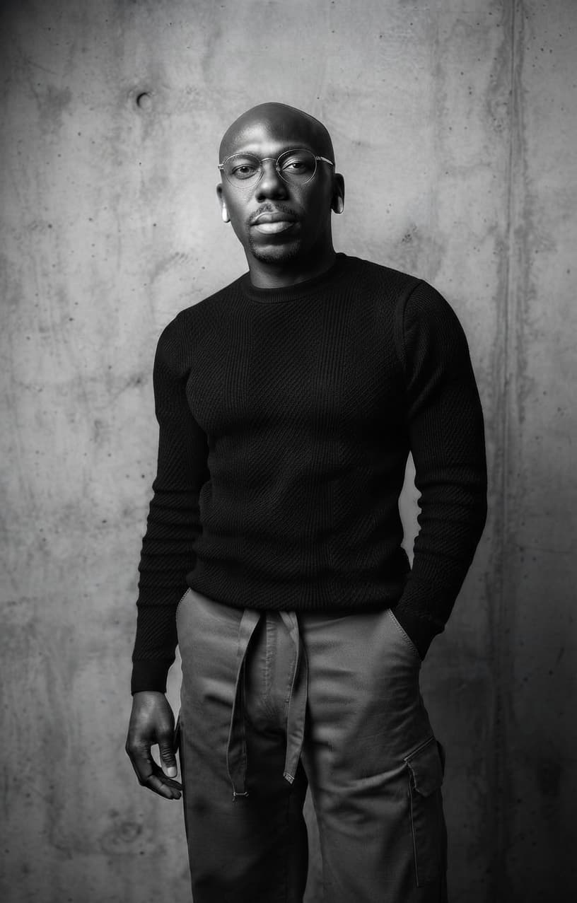 Black and white portrait of a bald Black man in glasses against a concrete wall.